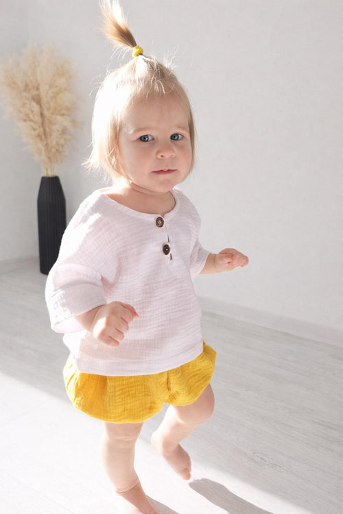 Velvona® Handgefertigtes Baby-Set aus Bio-Musselin mit Oberteil & Bloomers (2-Teiler)